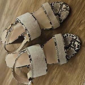 Ann Taylor open toe strappy heels Size 9M snake print black/tan EUC